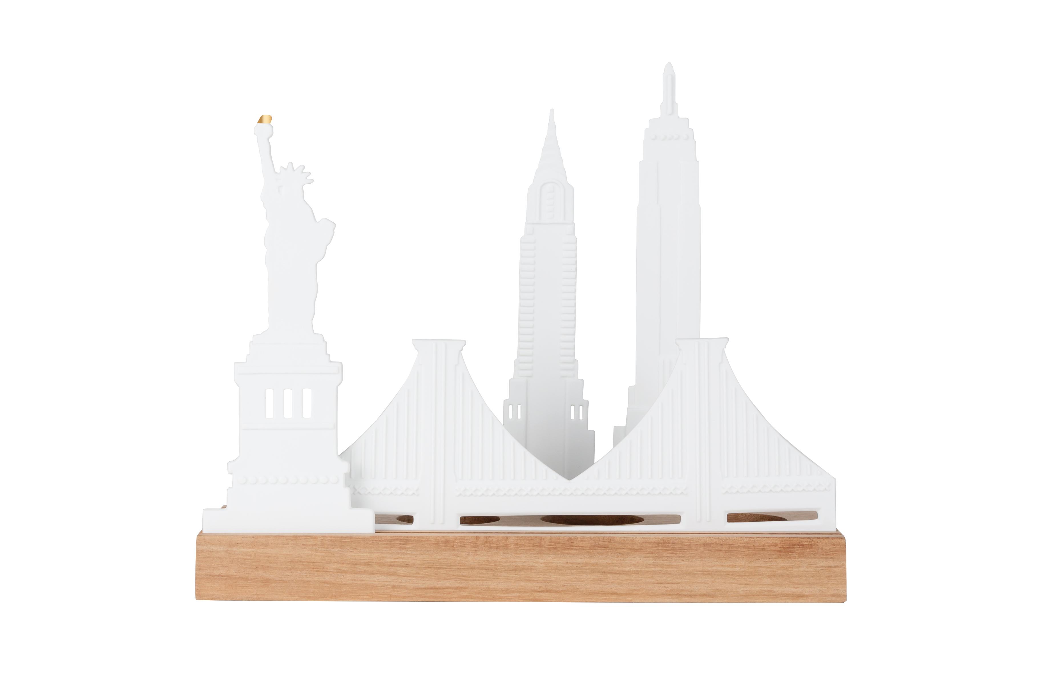 räder Teelichthalter Lichtobjekt Stadtsilhouette New York Porzellan Akazienholz 0092220