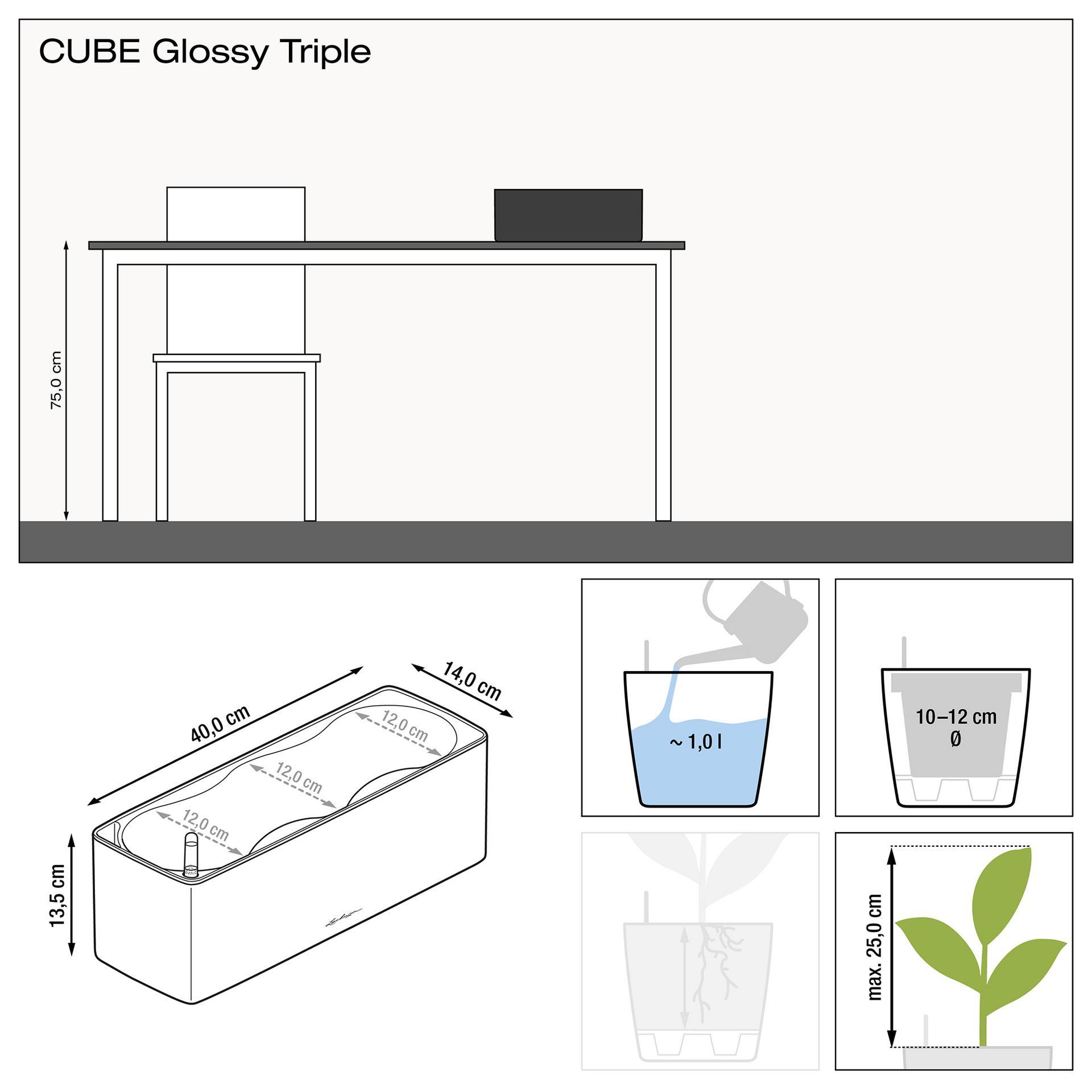 Lechuza Blumenkasten Cube Glossy Triple Weiss highgloss